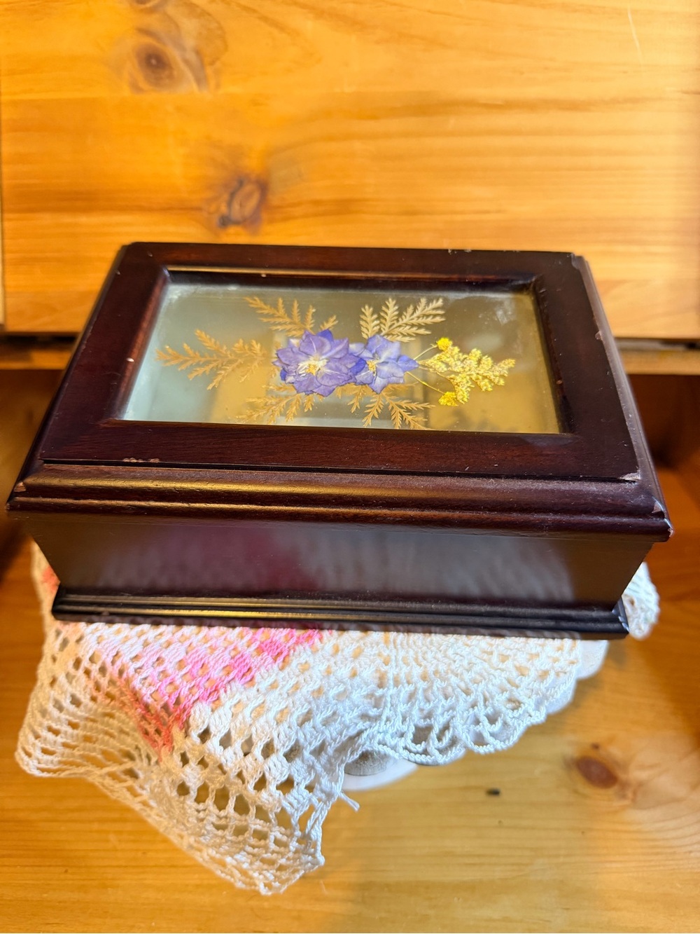 croft & barrow Dark Brown Wood Jewelry Box with Floral Glass Inset